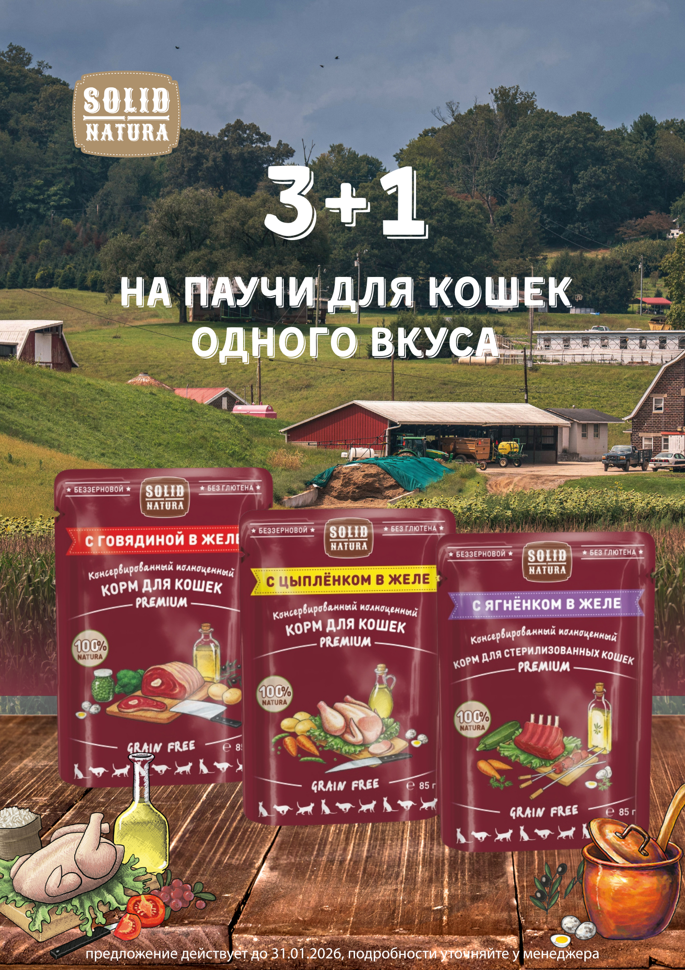3 +1 (одного вкуса) на паучи Solid Natura для кошек и котят