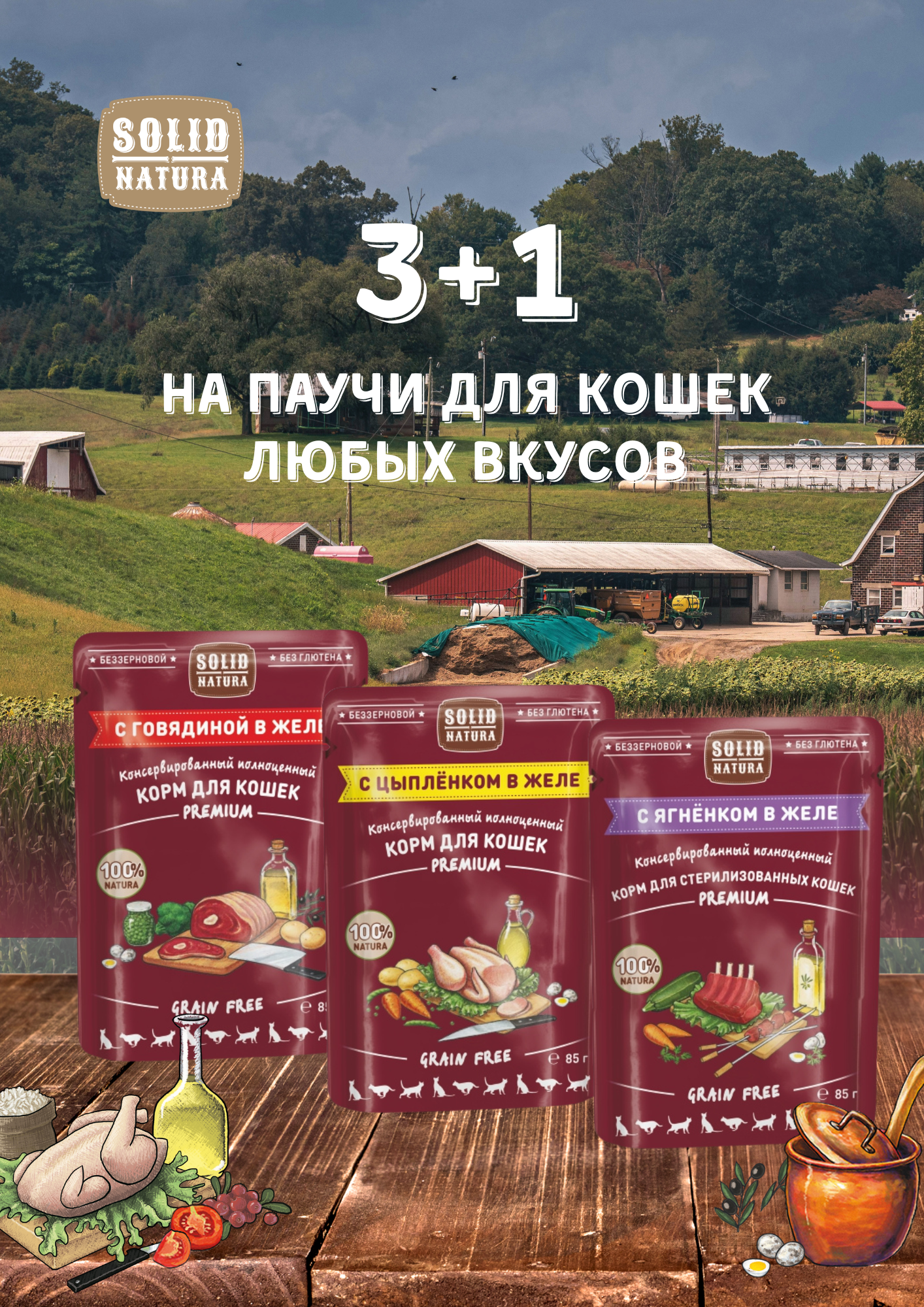 3 +1 (любые вкусы) на паучи Solid Natura для кошек и котят