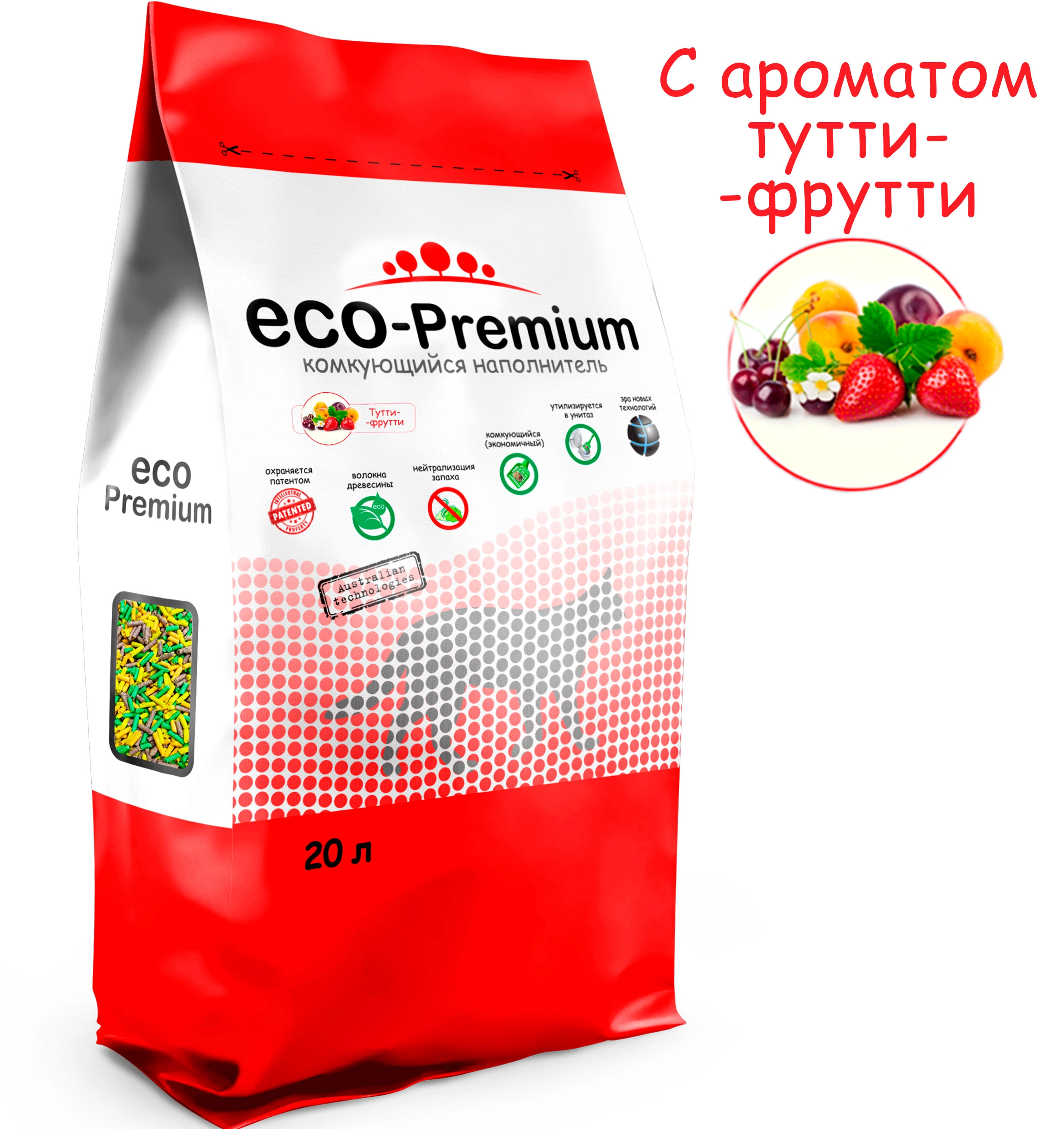 ECO Premium Тутти-фрутти наполнитель древесный ягоды 7,6 кг 20 л